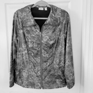 Chico's Zenergy Jacket Neema Evelyn Foil Zipper Front Silver Black 2